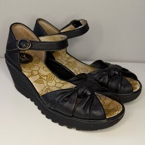 Fly London Black Leather Wedge Sandals